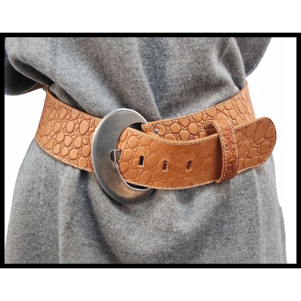 Vintage Priore 80s Wide Leather Slouch Belt Croc Texture Crescent Buckle Medium